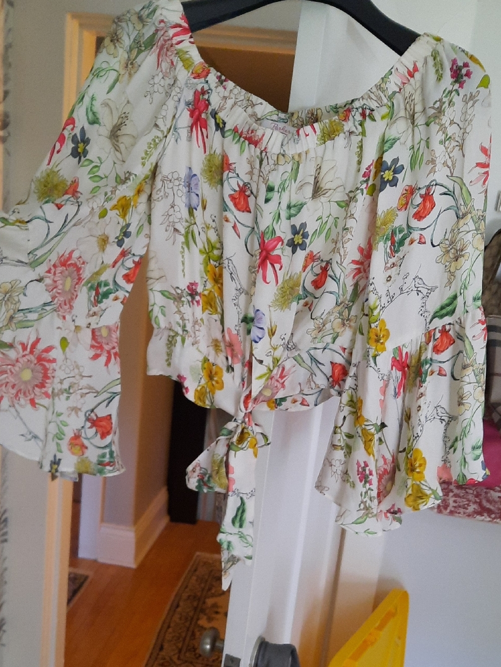 NWT Parker SILK White Floral Tie-Front Off-on Shoulder Blouse